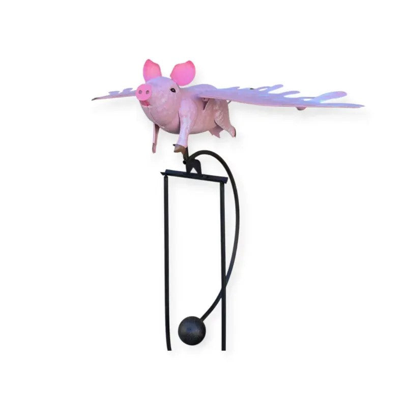 Pink Flying Pig Garden Ornament, Balancing Rocker, Metal Yard Decor Stake