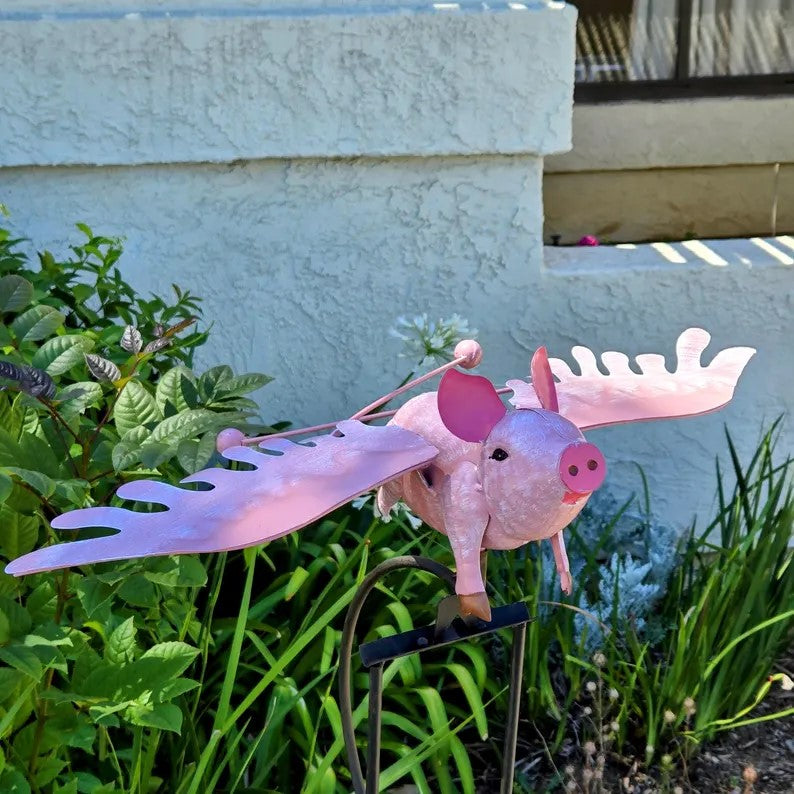 Pink Flying Pig Garden Ornament, Balancing Rocker, Metal Yard Decor Stake