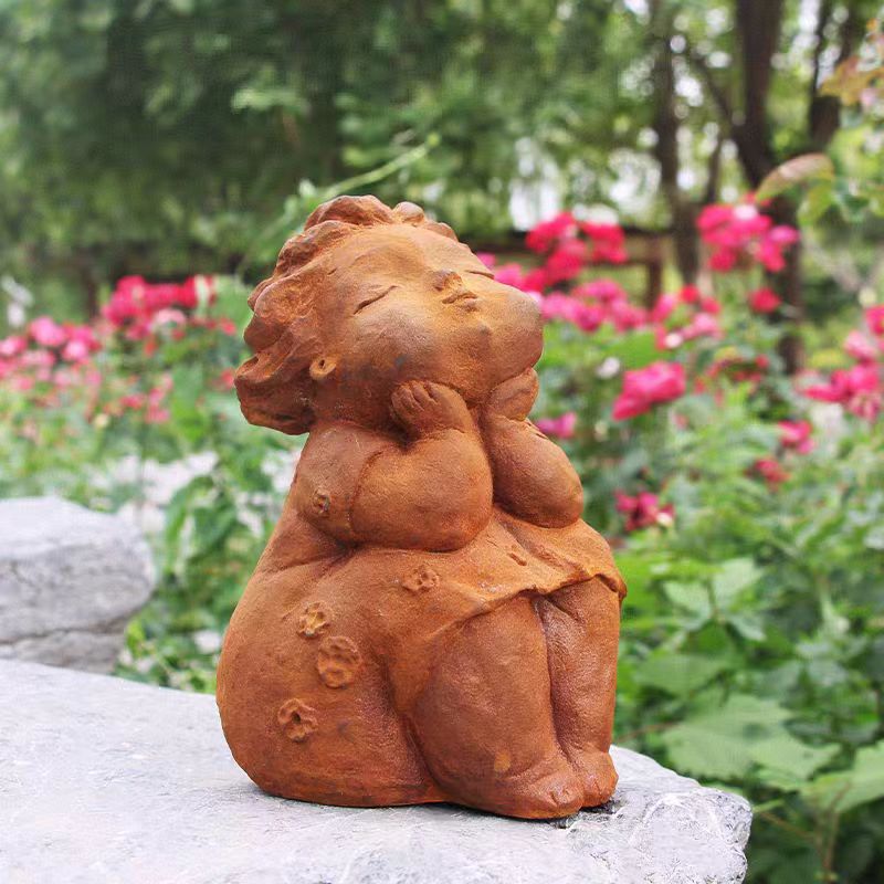 Creative Chubby Girl Cast Iron Figurine, Outdoor Garden Ornament, Yard Decor