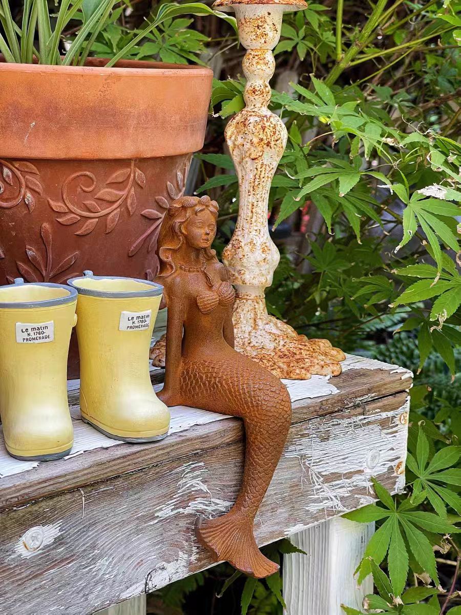 Cast Iron Mermaid Statue - Rustic Garden Sculpture, Vintage Outdoor Art, Coast