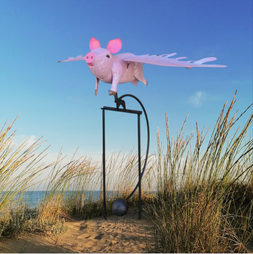 Pink Flying Pig Garden Ornament, Balancing Rocker, Metal Yard Decor Stake